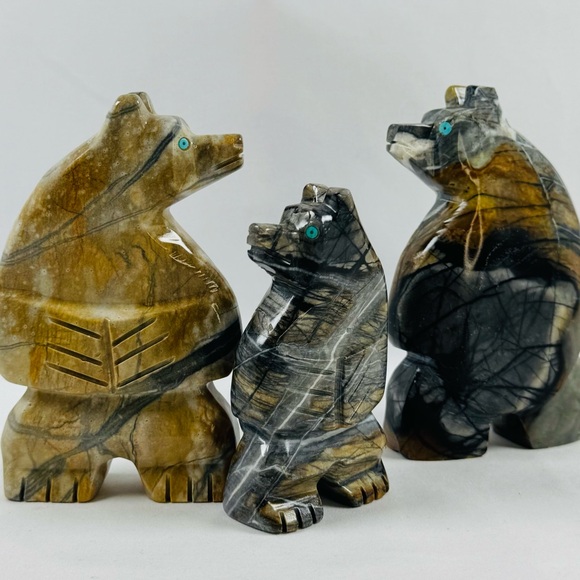 Set of 3 Carved Stone Bears Turquoise Eyes Native American Style Decor